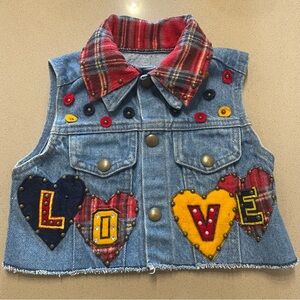 JM Originals Kids Denim Vest with Love Heart Design Plaid Rosettes Size 4